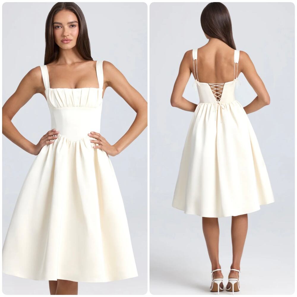 Oh Polly Marguerite Draped Corset Midaxi Midi Dress in Ivory Size 12 New